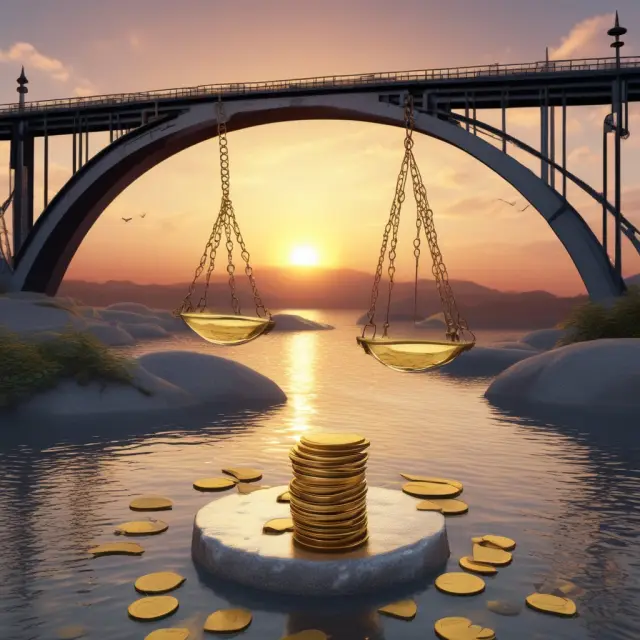 Gold coins for sunk costs and silver coins for relevant costs on a scale. Sun setting on a bridge represents focusing on future decisions.
