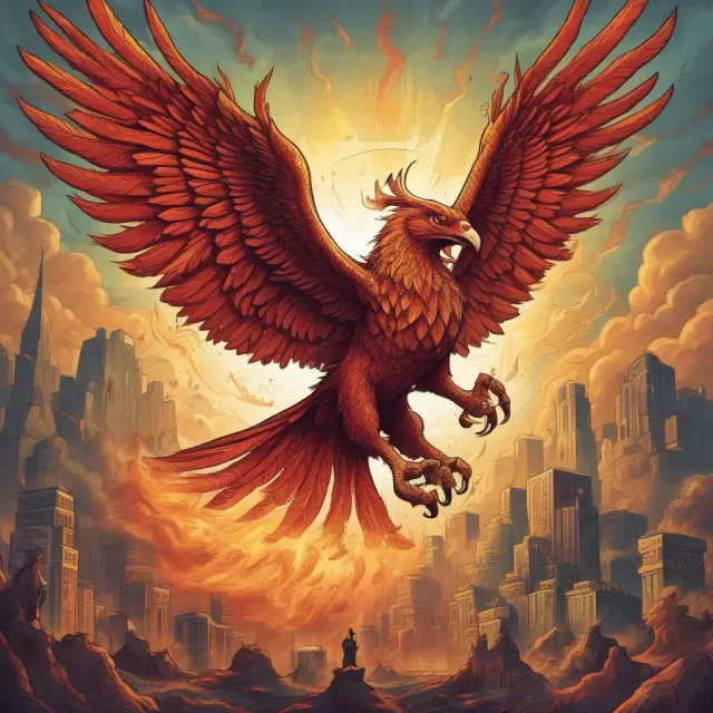 A mythical Phoenix, representing relief rallies, emerging triumphantly from the ashes of a bear market to provide temporary respite for investors.