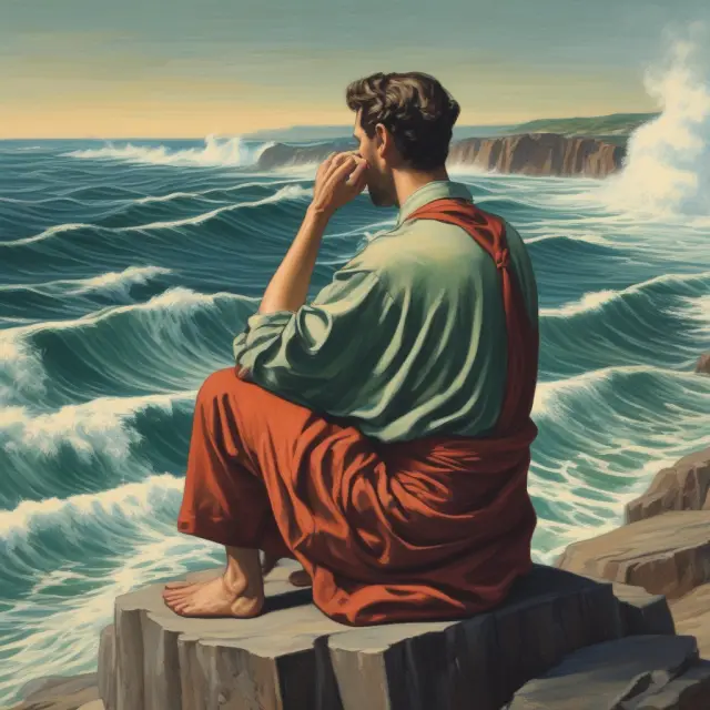 An ancient market guardian watches over a tranquil sea where stocks take the form of water waves, representing relief rallies amidst bear markets