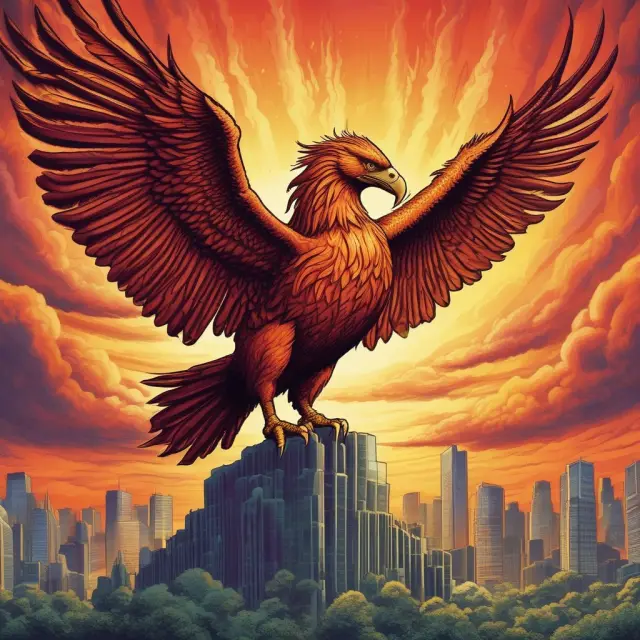 A phoenix emerging from financial ashes, symbolizing relief rallies during market downturns