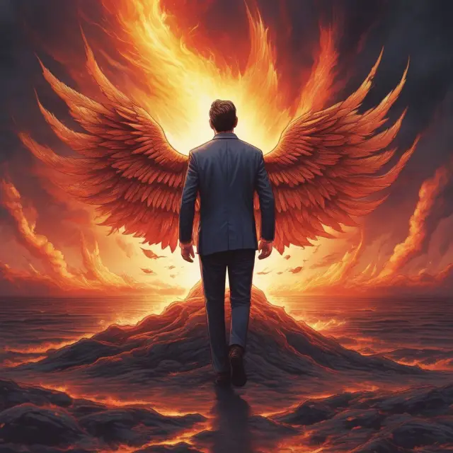 An investor, symbolized by a fearful figure, embraces the hopeful phoenix rising from financial ashes during a relief rally