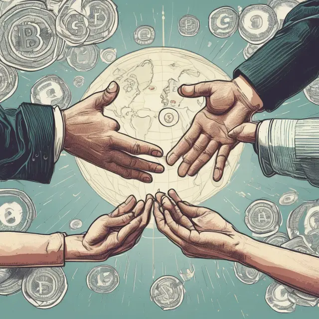 Hands representing economies exchanging digital currencies to illustrate international remittances