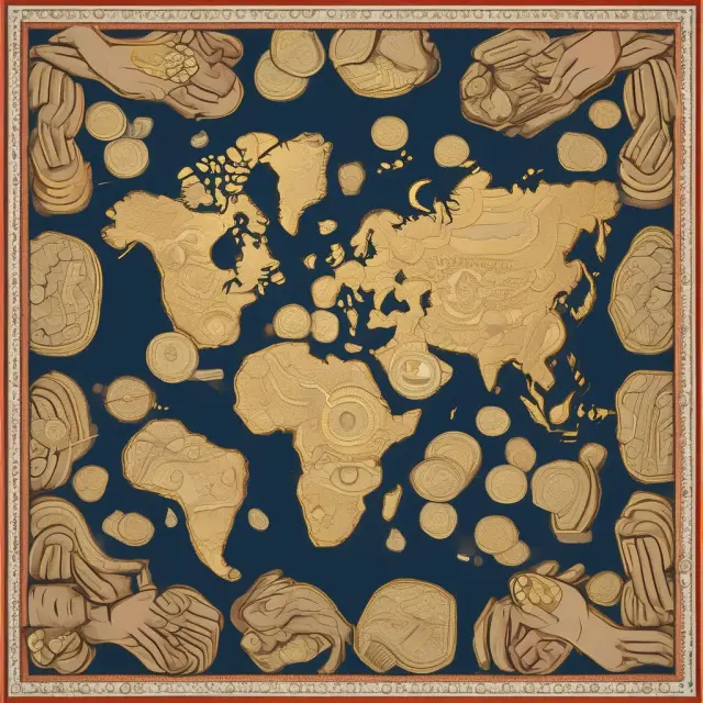 Hands of the world intertwining golden coins to form a vibrant tapestry, representing the global influence and importance of remittances in economic growth