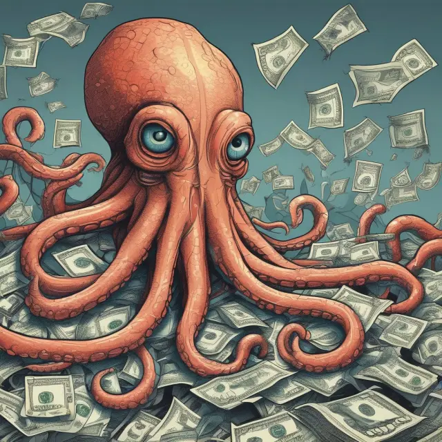 An octopus manipulating international remittances to conceal money laundering activities, surrounded by a complex network of transactions