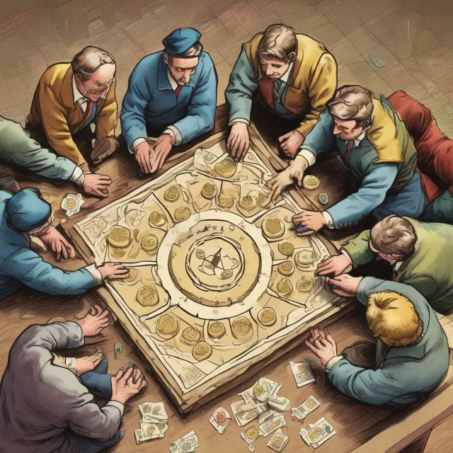 Workers with golden coins symbolizing wages, salary, bonuses, commissions, tips, and deferred compensation gathered around a board game illustrating remuneration variety.