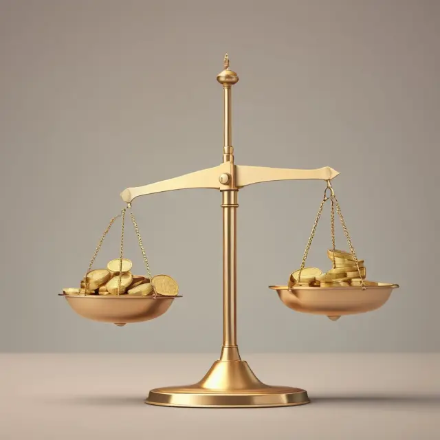 Golden scale balanced with wages and remuneration tokens, illustrating the contrast between minimum wage and full compensation