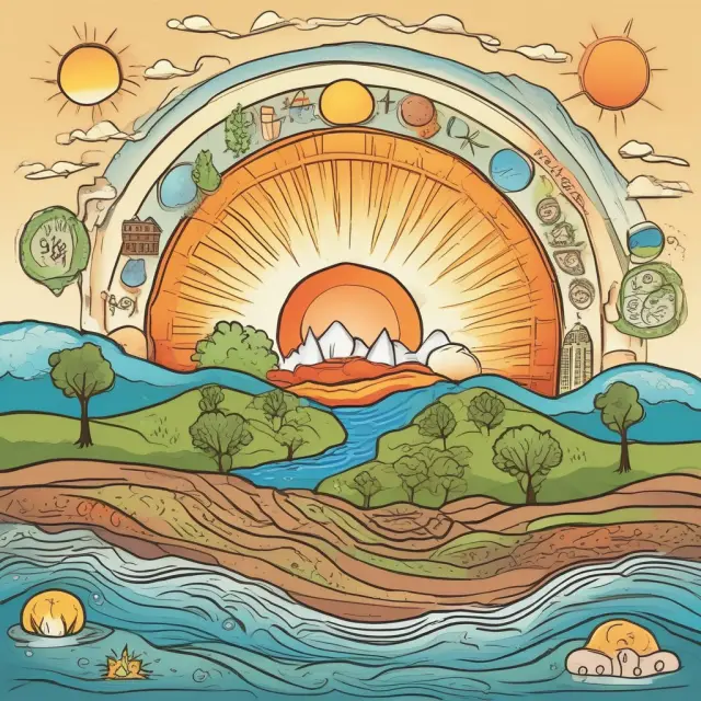 Image of sun, wind turbine, flowing water, volcano with steam, and pile of biomass symbolizing renewable resources: solar, wind, water, geothermal, and biomass.