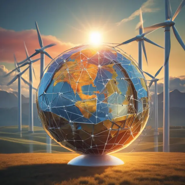 A rising sun sheds light on a globe, with interconnected wind turbines and solar panels representing the increasing importance of renewable energy production.