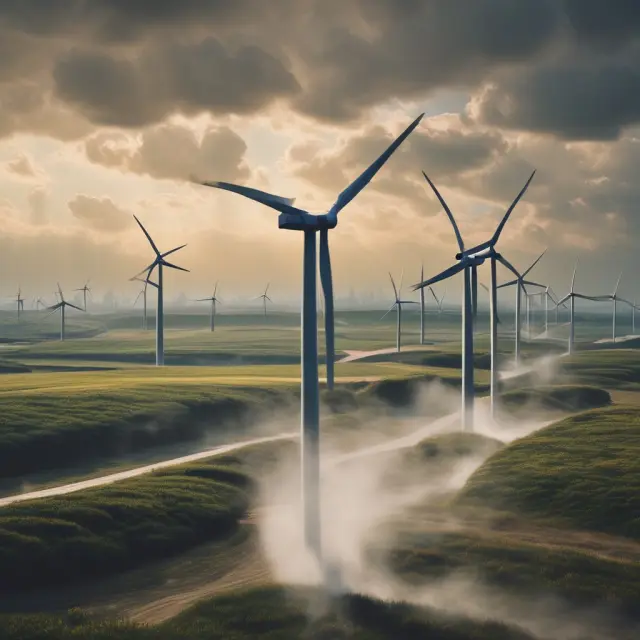 Image of wind turbines turning in the wind against a backdrop of a clear blue sky and sunset, symbolizing renewable energy and a sustainable future.