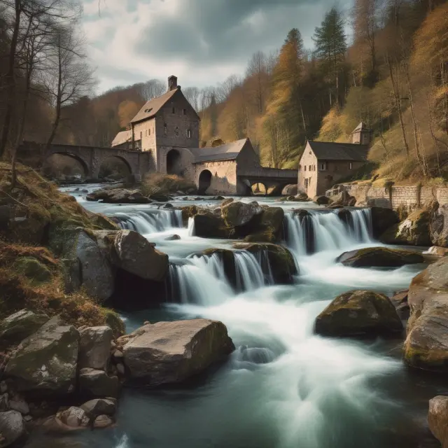 A river flowing through an ancient water mill, representing the historical significance of hydropower generation