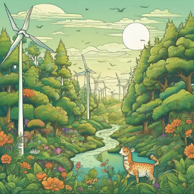 An image depicting renewable energy sources like solar panels and wind turbines coexisting harmoniously with wildlife.