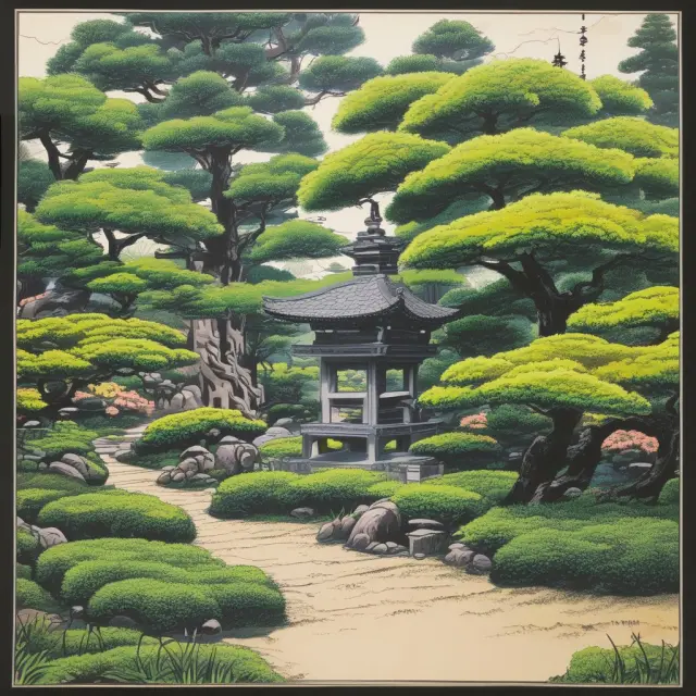 Two unique trees in a Japanese garden - one showcasing clear, long-term trends using Renko chart techniques and the other displaying smoothed price action with Heikin Ashi