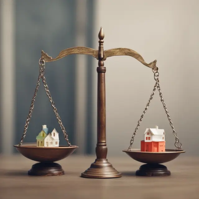 A set of balanced scales represents the rent control debate with tenants and landlords weighing their arguments for fair housing prices.