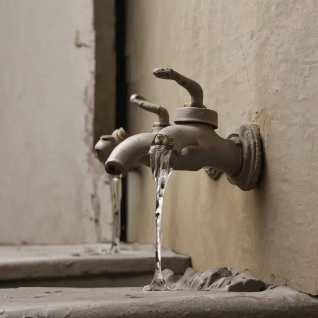 An outdated apartment building with a leaking faucet illustrates the potential disadvantages of rent control on investment and maintenance.