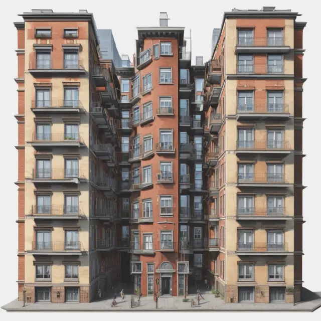 An urban landscape with two apartment complexes - one with stable rents (rent-controlled) and the other with fluctuating prices (market-rate), illustrating affordable vs. market housing.