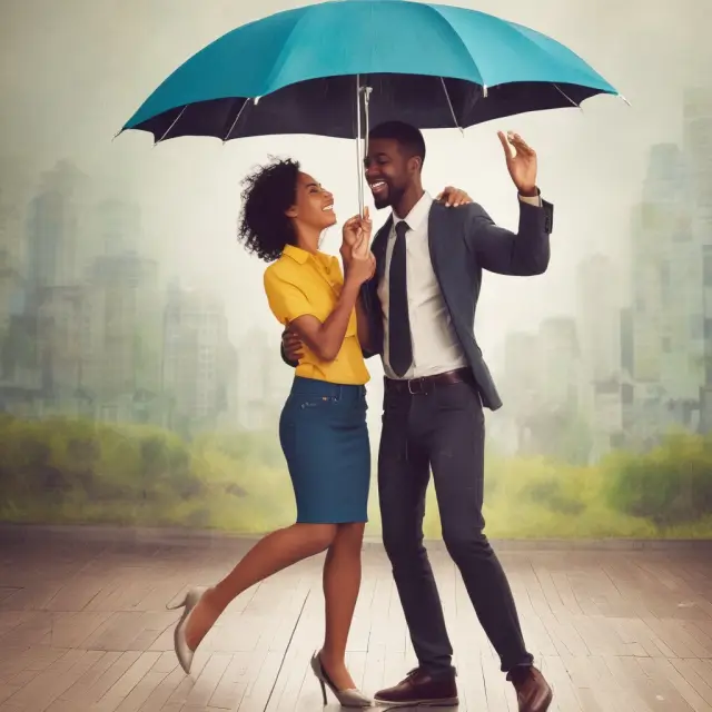 A tenant and a landlord holding hands and sharing an umbrella, representing their shared commitment to personal property protection and liability coverage through renter