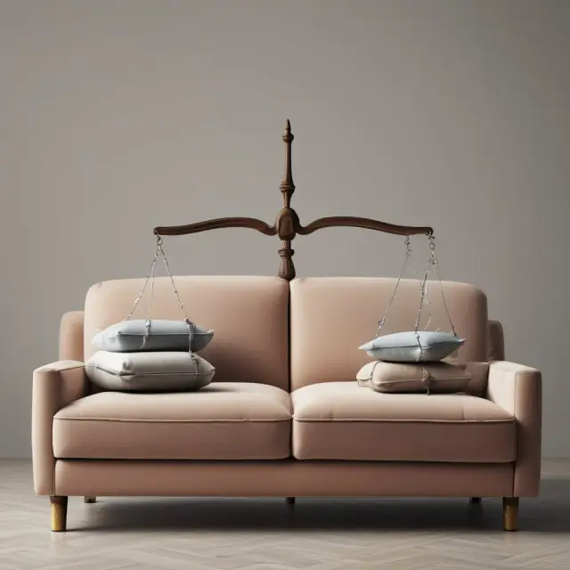 Scale with a golden old sofa on one side and a modern replacement on the other. Illustrating the comparison between Replacement Cost and Actual Cash Value coverage.