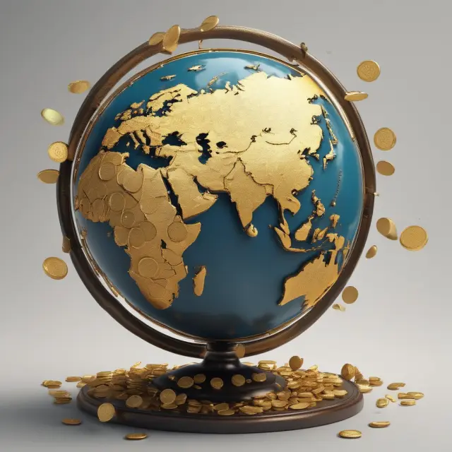 A globe surrounded by gold coins representing economic instability from rent seeking.