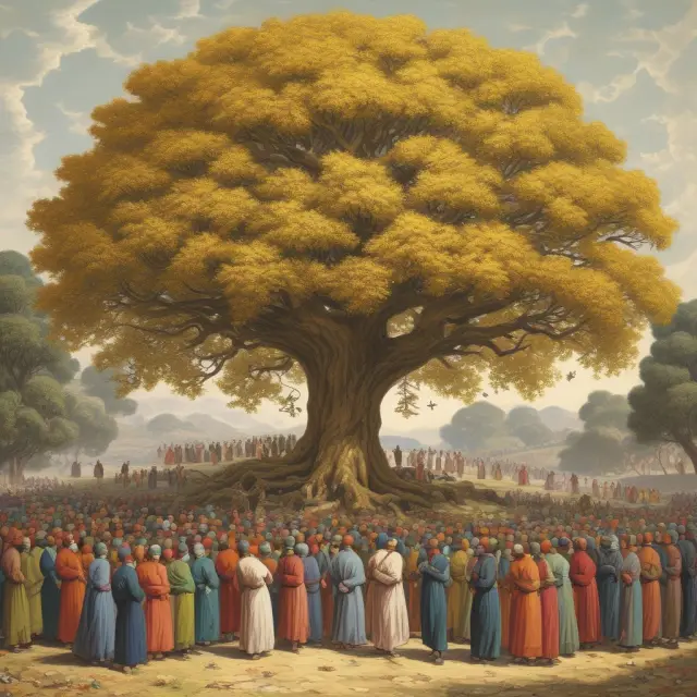 Golden tree with rent seekers gathered underneath, trying to influence the branches for unmerited financial benefits