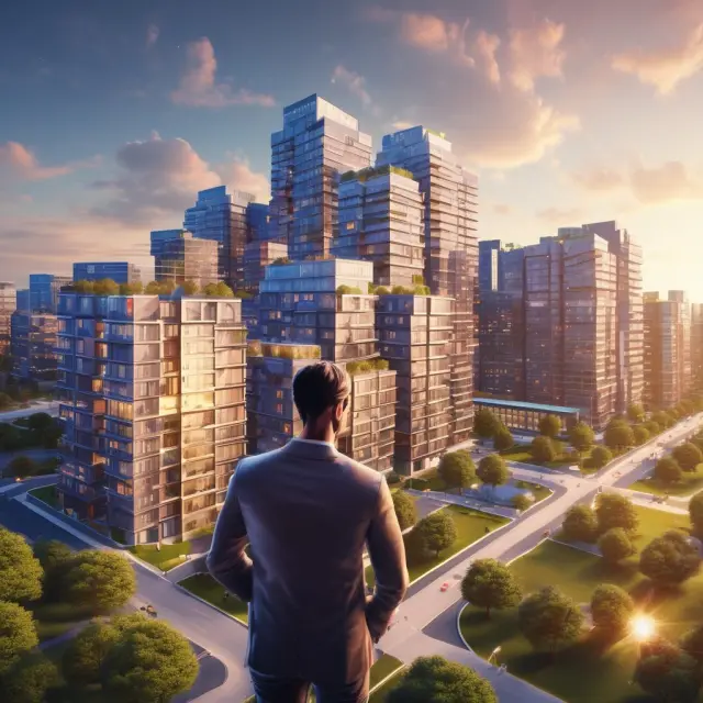 A vibrant REOC image featuring interlinked real estate properties, symbolizing a diverse portfolio, while a professional manager adjusts the kaleidoscope to illustrate growth and expansion