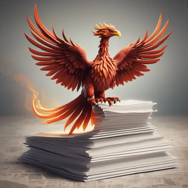 A phoenix emerging from a pile of papers, representing REOC