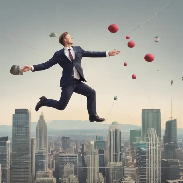 A juggler skillfully balances three balls labeled REOCs, REITs, and interest rate, housing market, liquidity, and credit risks on a tightrope of financial stability
