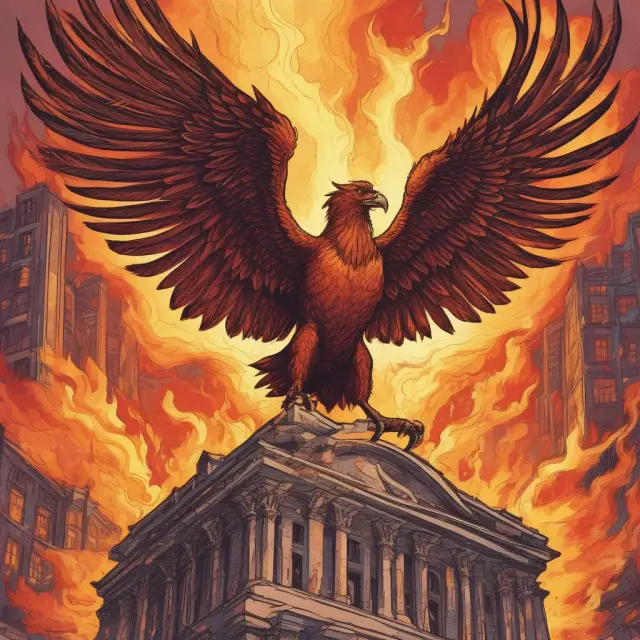 A mythical phoenix rising from the flames, symbolizing a company