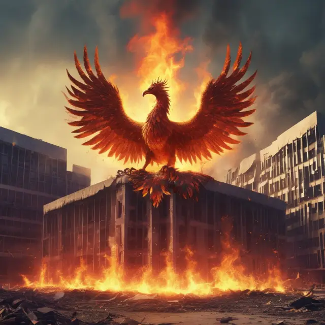 Image: A mythical Phoenix bird emerging from flames engulfing a corporate logo