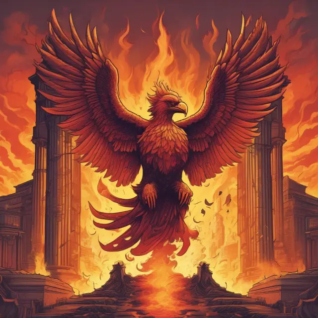 A phoenix shareholder rises from the flames of financial distress, symbolizing recovery, while creditors serve as supportive pillars