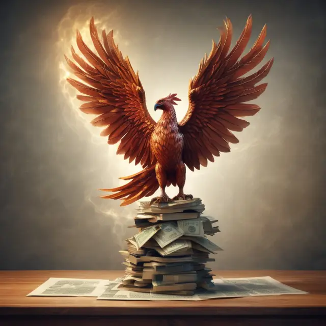 Phoenix rising from a table of financial figures, representing corporate reorganization and transformation