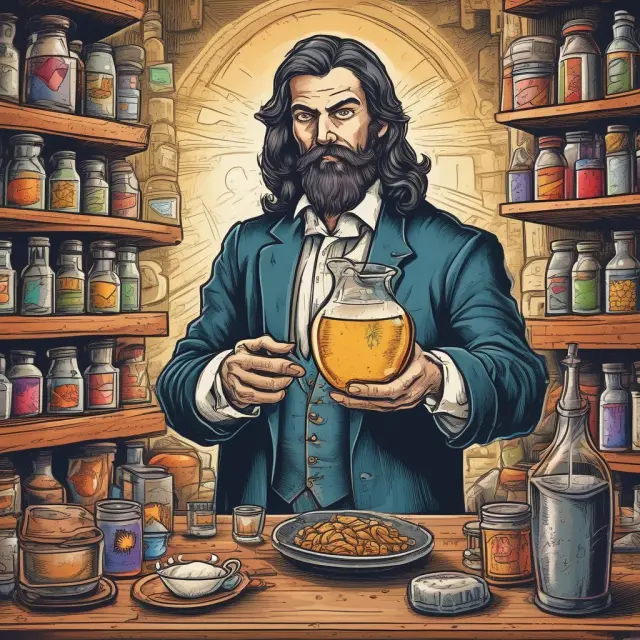 An alchemist in a laboratory, mixing vials of 