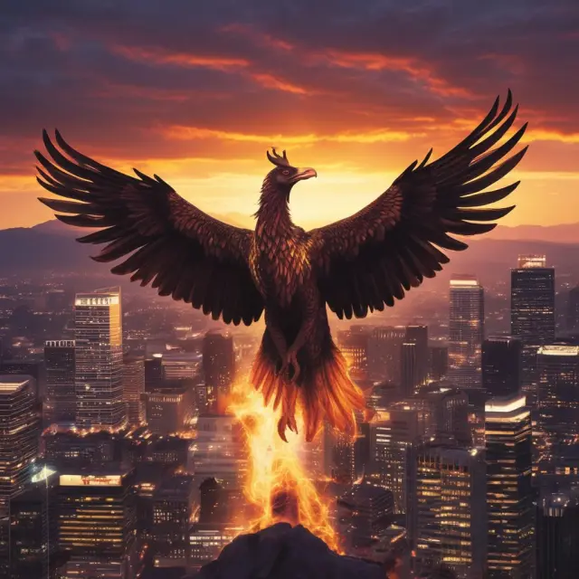 Private equity firms revitalizing underperforming companies through repackaging and operational improvements, symbolized by a mythical Phoenix rising from the ashes