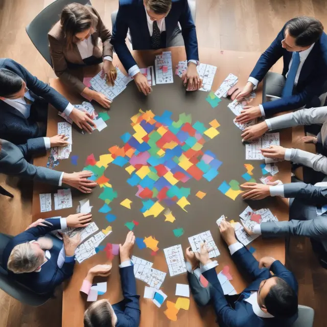 PE executives brainstorming investment strategies with underperforming company puzzle pieces on a game table for repackaging