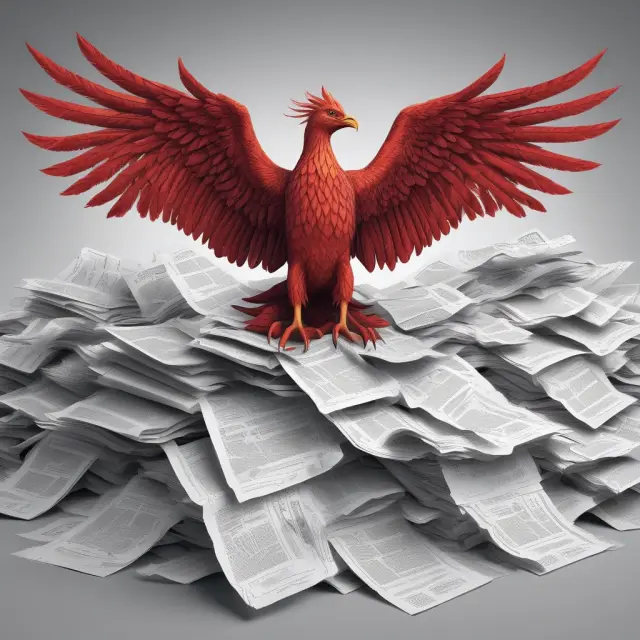 A private equity firm symbolically rising from a sea of financial documents as a phoenix, illustrating the transformative process of repackaging.