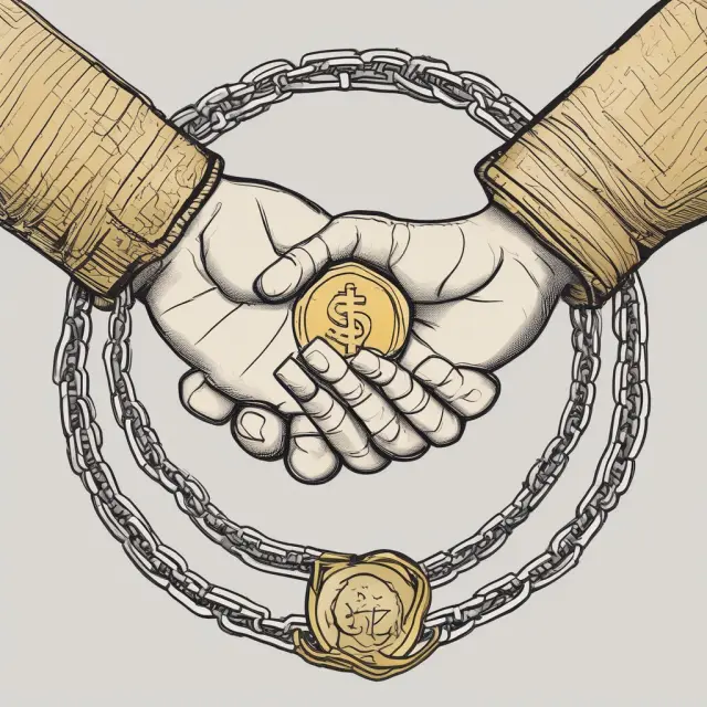 A golden coin being passed between two hands, symbolizing cross-border financial transfers. Chains hanging from the hands represent various impediments to repatriation.