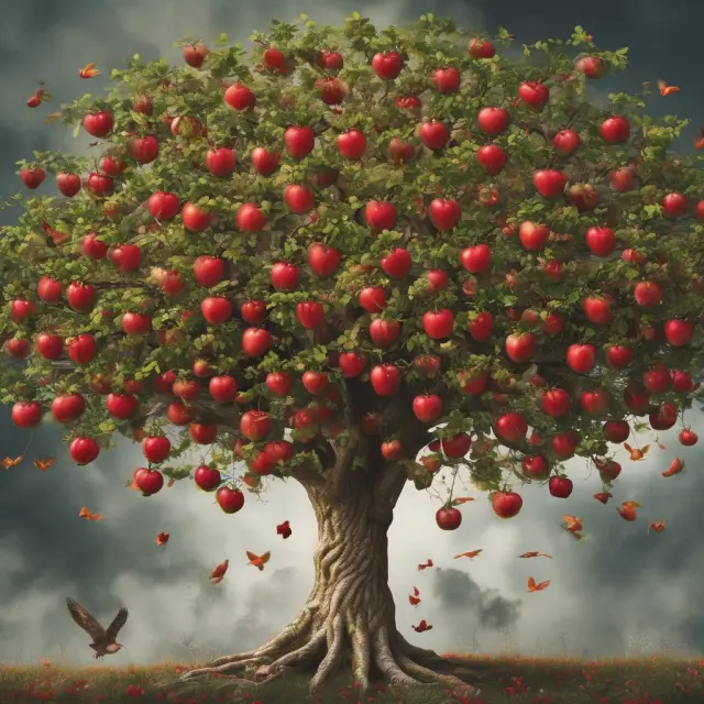 An eagle collects ripe apples from a golden tree for repatriation in this metaphorical representation of corporations bringing earnings back to the US