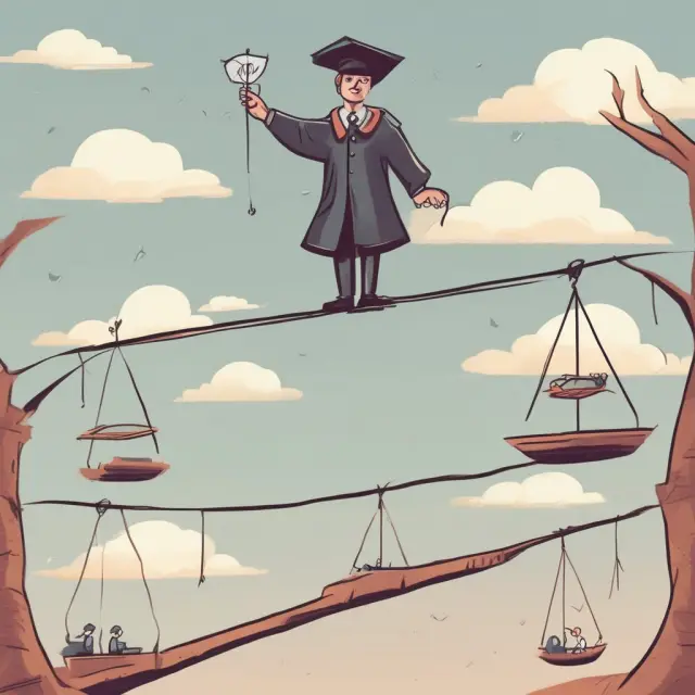 Graduating student managing student loans through various repayment strategies. Balancing scales represent standard, extended, and graduated payment plans.