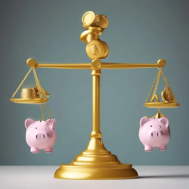 Golden scales balanced by credit scores weighing against a piggy bank filled with debt repayments