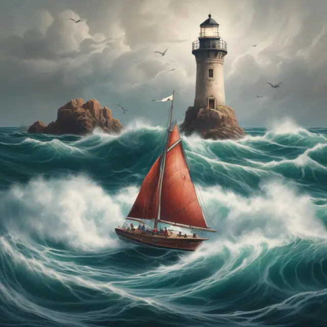 A borrower, represented as a sailor, navigates rough financial waters towards a lighthouse. The sailor holds a compass symbolizing effective budgeting and planning.