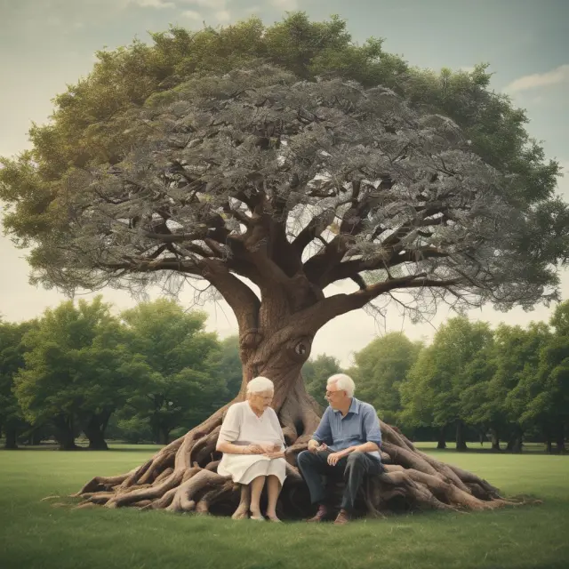 Image: An elderly couple beneath a tree with roots symbolizing retirement income sources. Some roots represent Social Security, while others denote personal savings and pension plans.