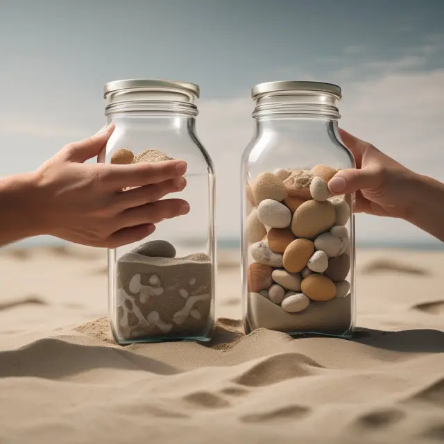 Two containers, one filled with sand signifying present income and the other with pebbles symbolizing retirement replacement rate. Couple deliberating over their financial future.