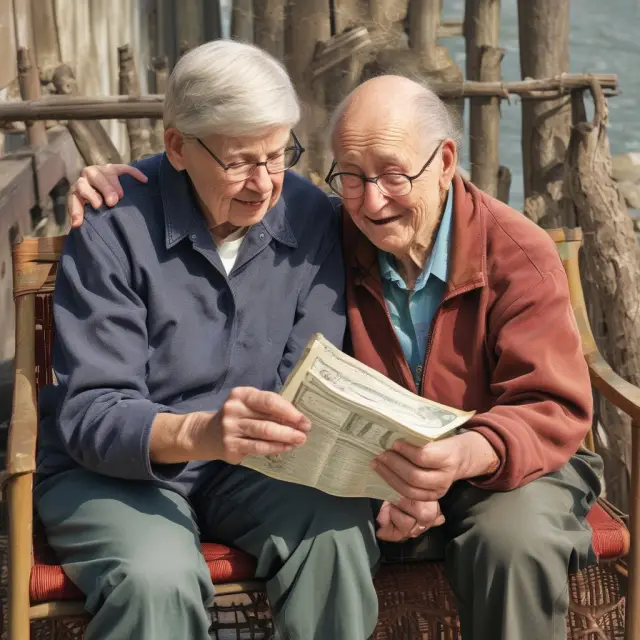 Golden retirees with Social Security benefit checks forming a safety net, symbolizing financial security