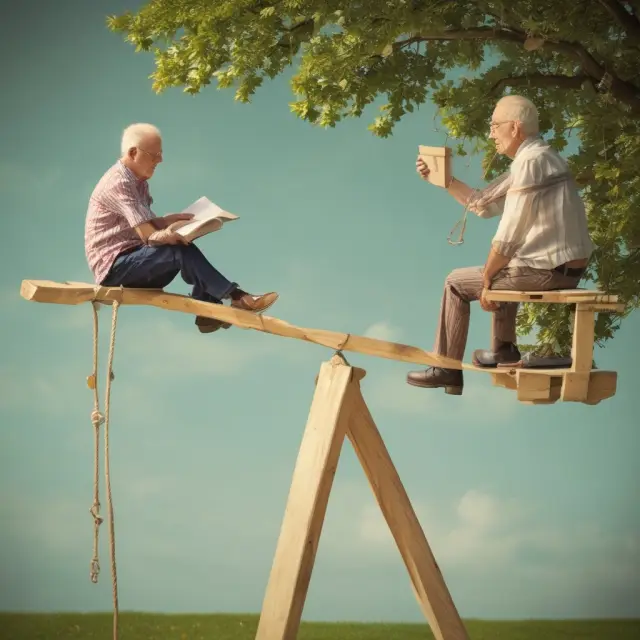 Visual representation of a retirement seesaw, balancing sources of income (pension, savings, Social Security) against living expenses