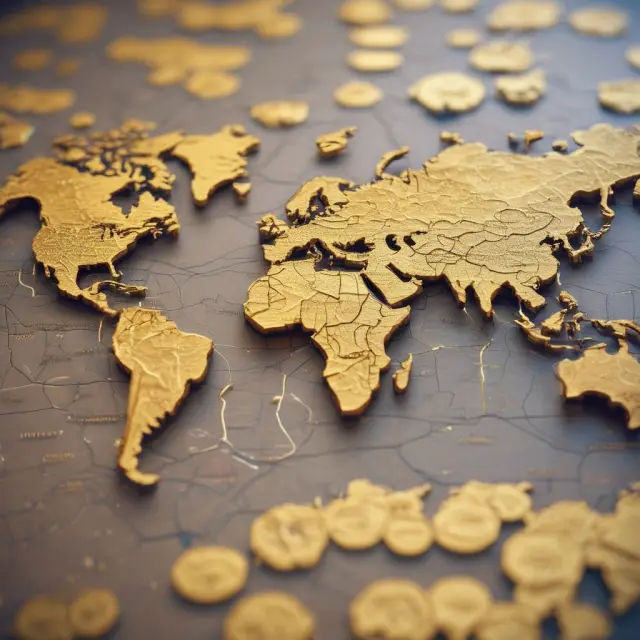 A world map with gold coins symbolizing income streams from various countries, illustrating average retirement replacement rates.