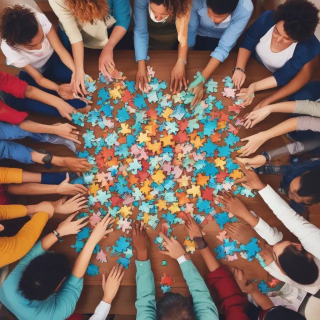 People from various backgrounds seated around a table, each holding a puzzle piece symbolizing their demographic, forming a complete image representing a representative sample