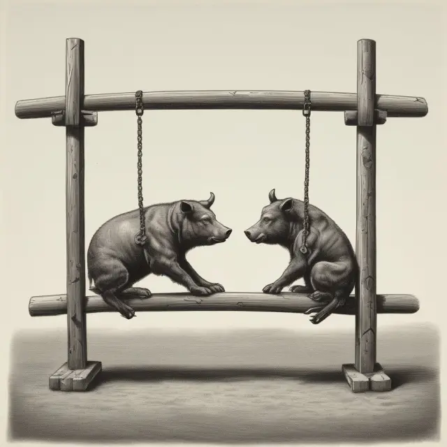 Bull and bear figure in a seesaw, representing term and open repo agreements. Term offers predictability while open is flexible.