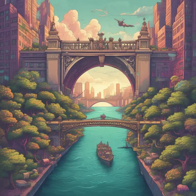 A metaphorical image of a clearing bank as a bridge connecting two parties, with collateral in the form of interlinked blocks passing through it during a tri-party repo transaction