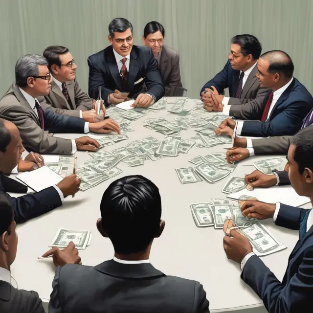 A group of money market dealers engaged in repurchase agreement discussions around a table, with collateral securities exchanged between them