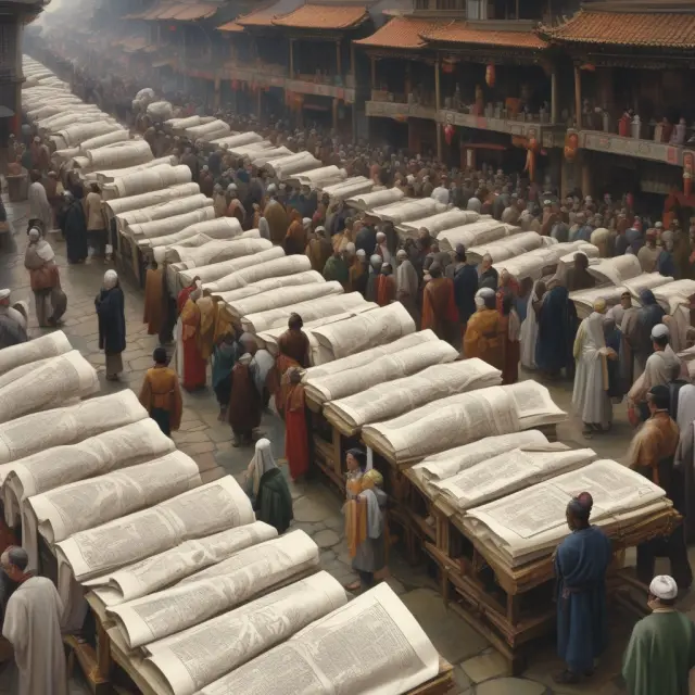 An image of a busy marketplace where vendors submit RFP proposals on scrolls to an impartial judge. This scene symbolizes the competitive and fair nature of the Request for Proposals process.
