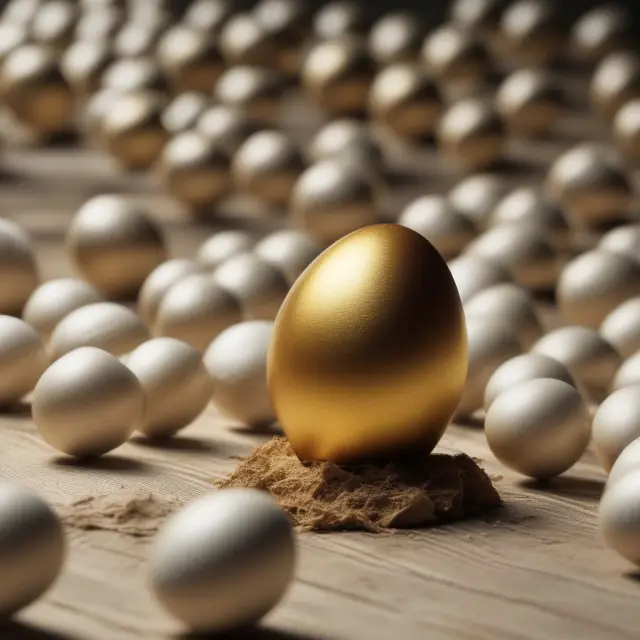 A golden egg sits at the center of a crowded auction table. Bidders dressed as bankers compete for it, highlighting the competitiveness of RFPs in finance.